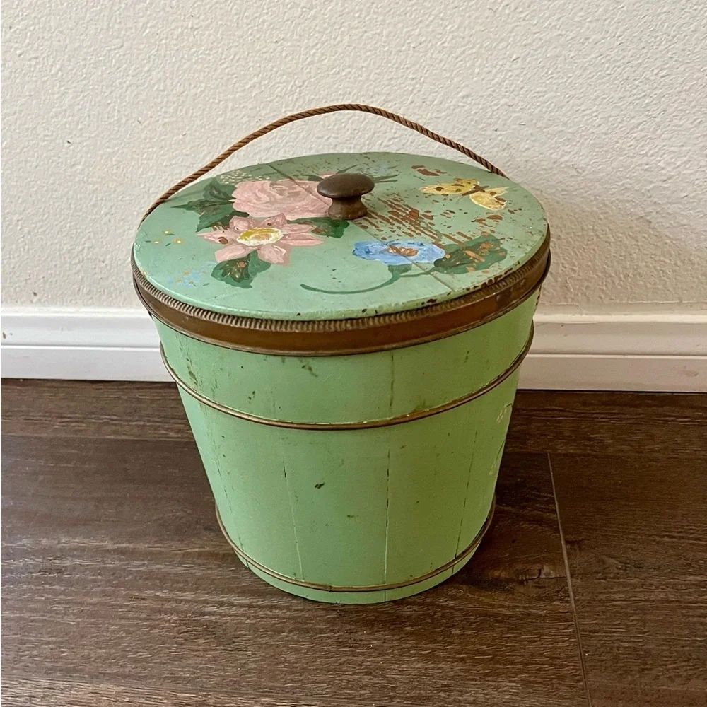 Floral Green Decorative wooden Bucket